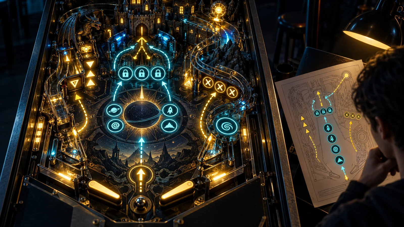 Glowing paths connect starts, locks, multipliers, modes, and a final shot on an original playfield.