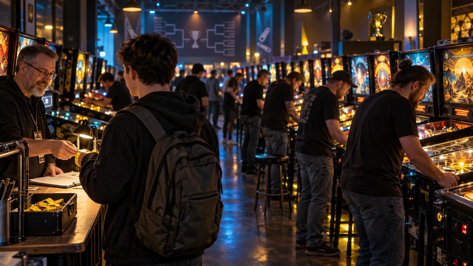 A new competitor checks in early and observes players at a pinball tournament.