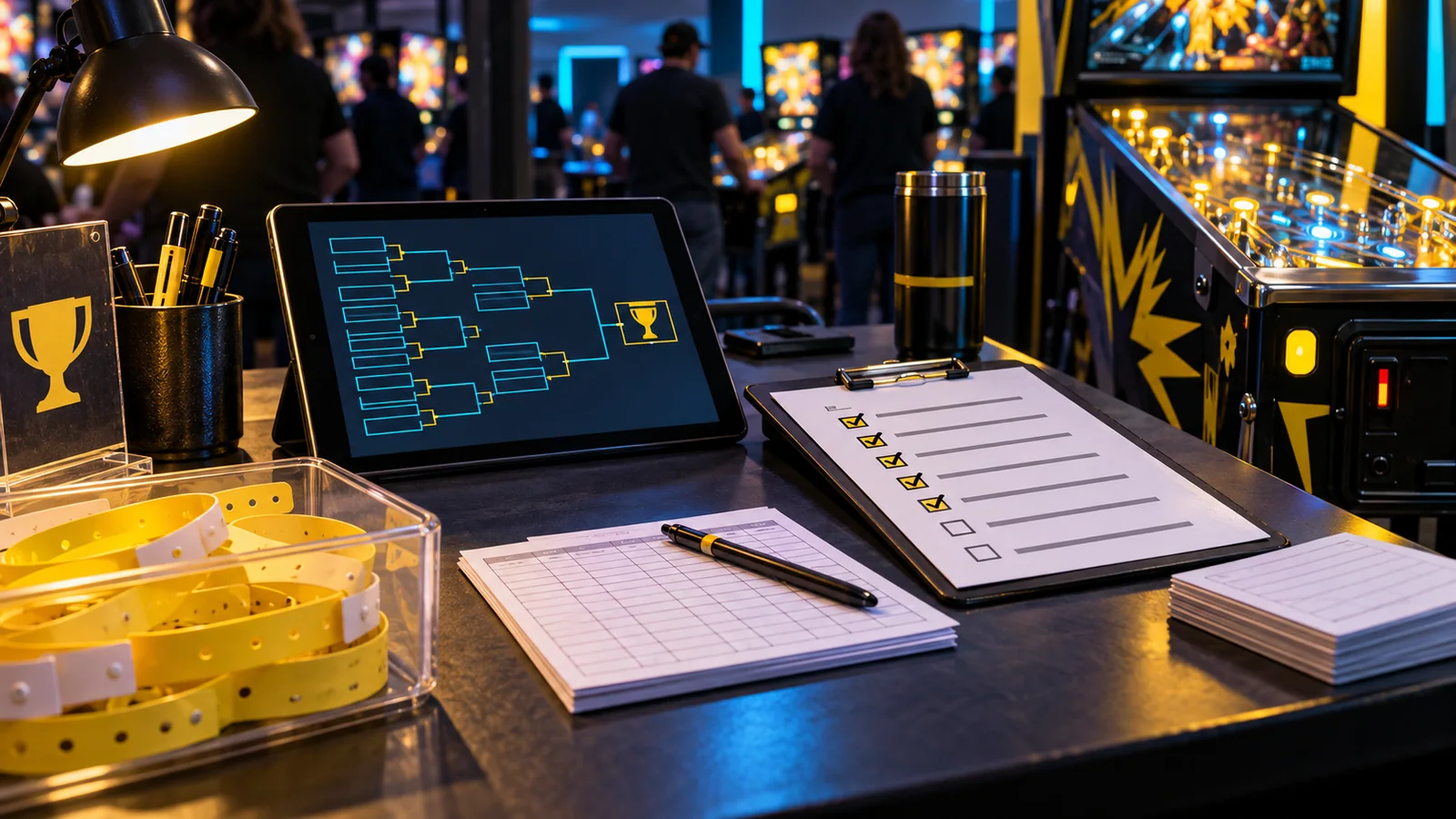 A tournament desk holds rules, bracket, registration, and scoring materials.